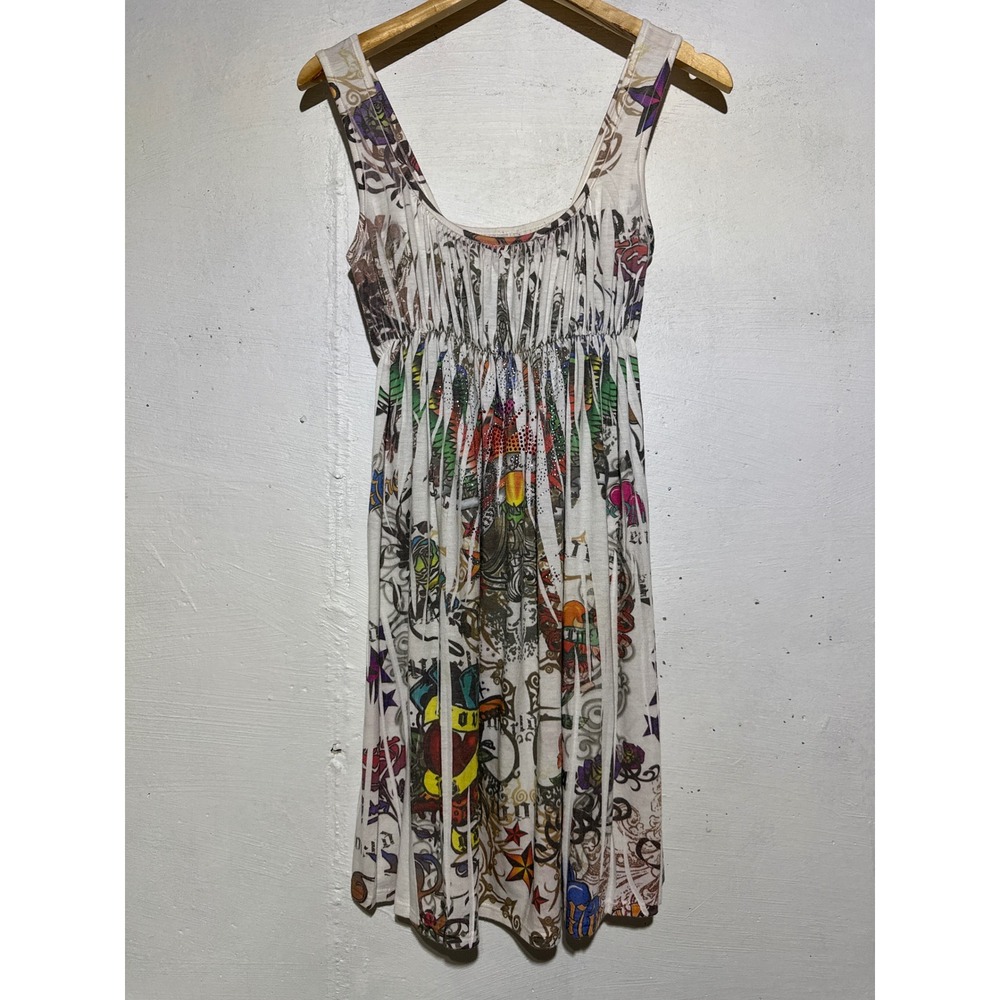 World Tour Womens Y2K Tattoo Print Rhinestone Babydoll Mini Dress M Festival